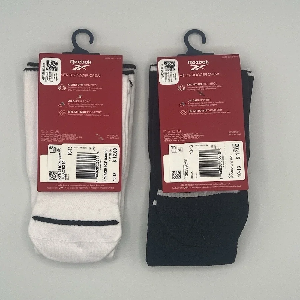 Reebok Soccer Crew Performance High Knee Black White Socks - Men's Size 6-12.5